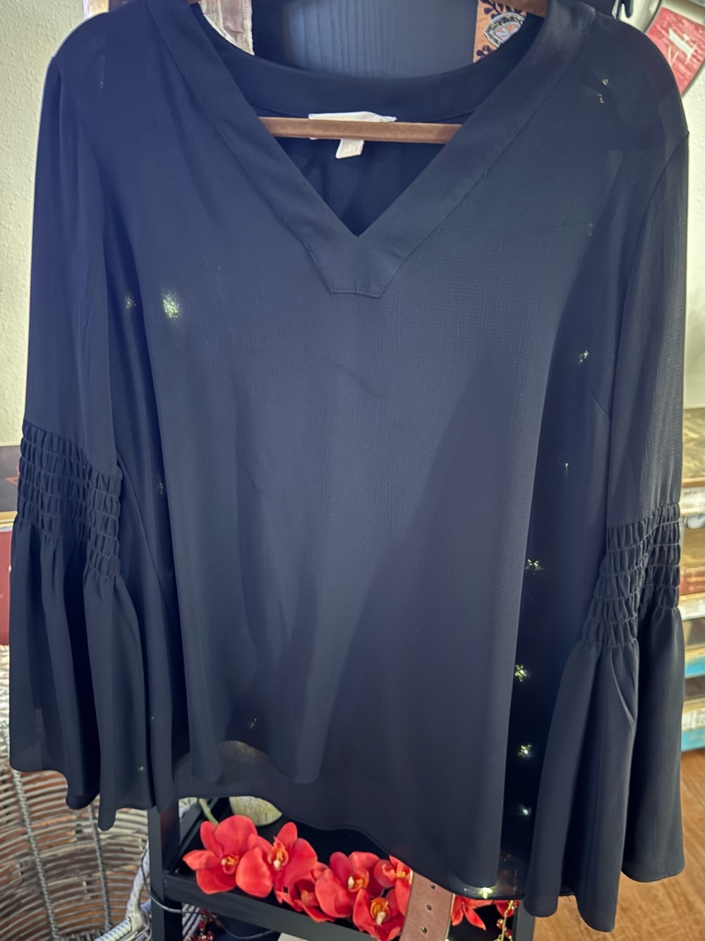 Michael Kors Black V-Neck Smocked Bell Sleeve Blouse